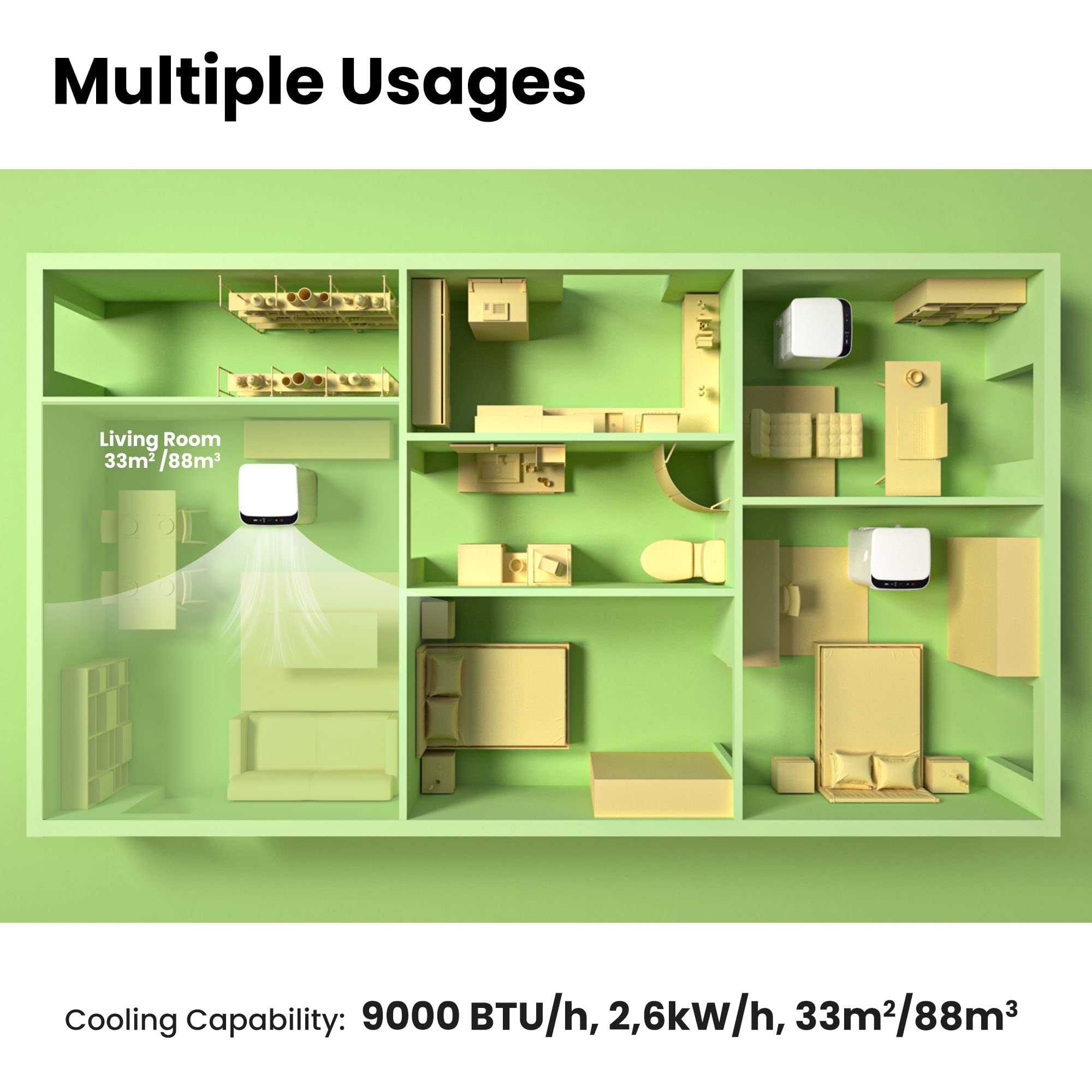 COMFEE' Climatiseur Mobile 9000 BTU/h 2,6kW, 3-EN-1 Refroidisseur Déshumidificateur Ventilateur, Fonction Follow me, Minuterie, Mode nuit, Pour salon