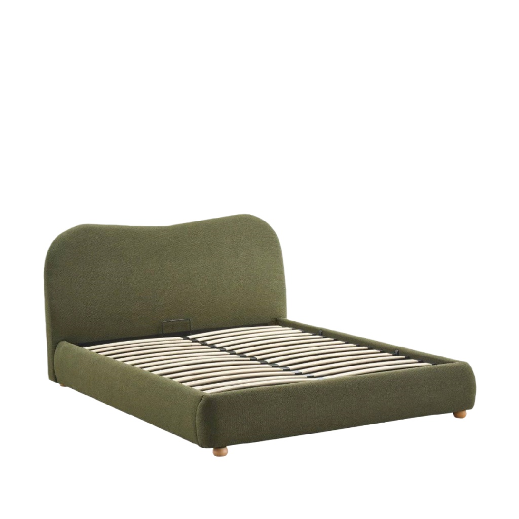 Lit rembourré en tissu vert olive — Tête de lit arrondie — Design contemporain