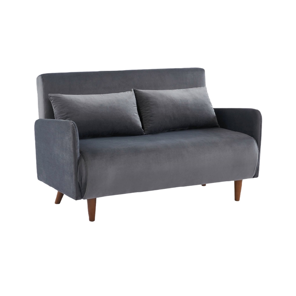 Canapé 2 places en velours gris – pieds en bois style scandinave