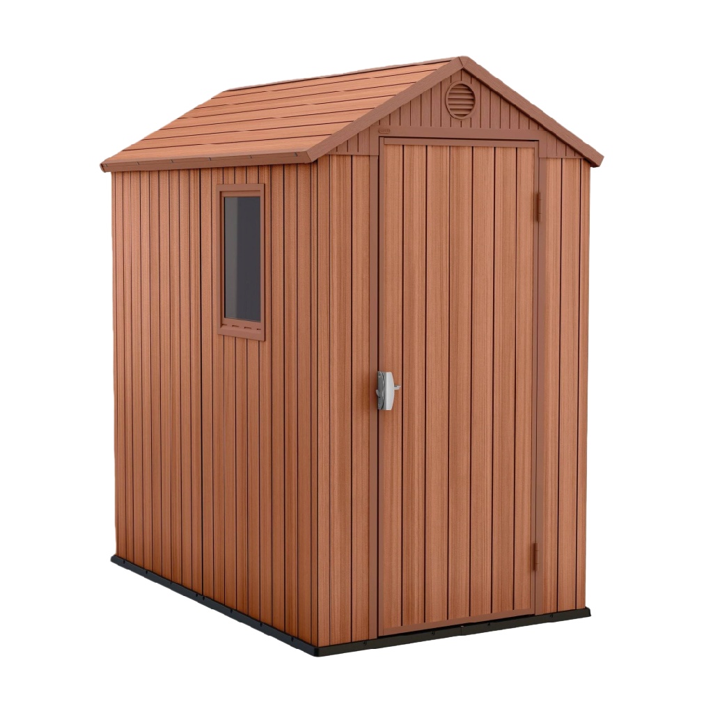 Abri de jardin effet bois 190 × 120 × 190 cm en résine – cabane de rangement extérieure avec porte verrouillable et fenêtre