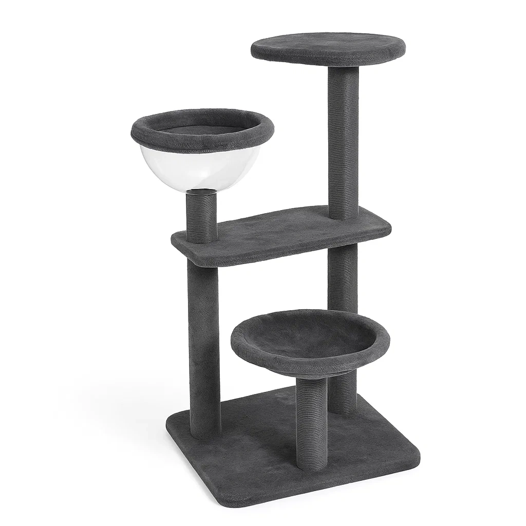 Arbre à chat gris en peluche avec plateformes et bol transparent