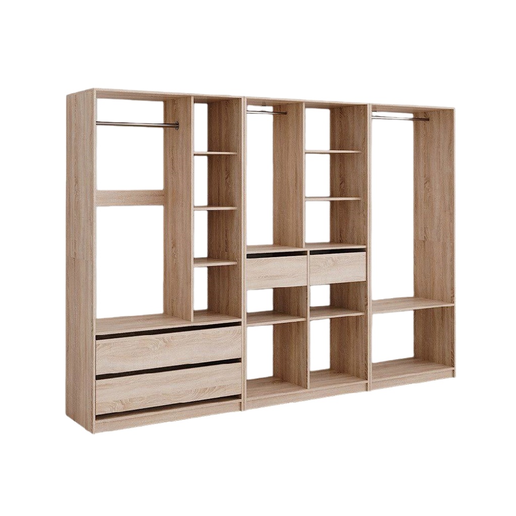 Armoire ouverte en bois avec tiroirs et penderies