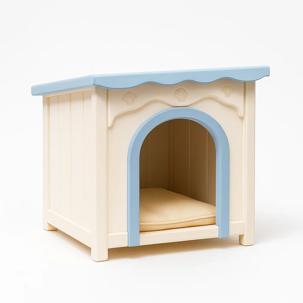 Niche pour chien en bois beige et bleu avec coussin