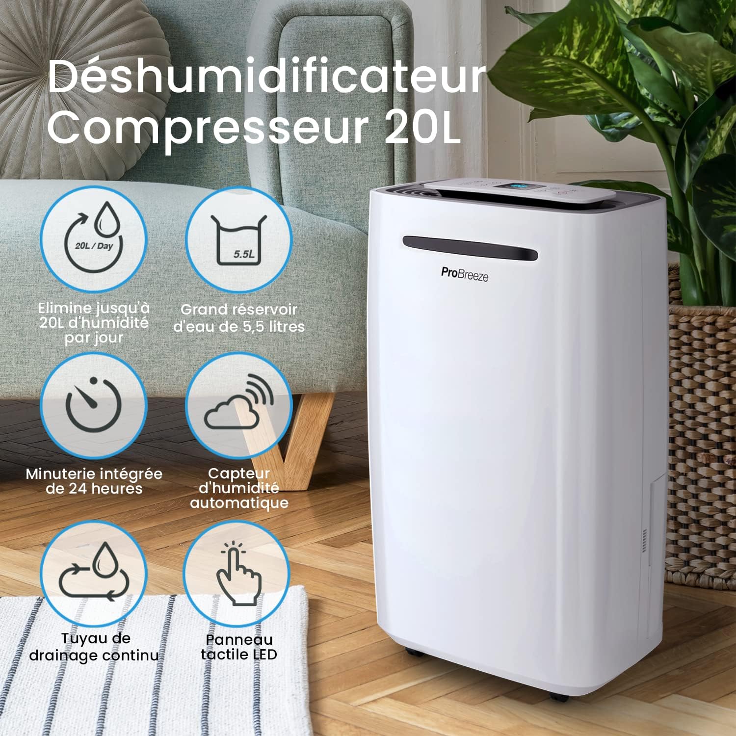 Pro Breeze Déshumidificateur Compresseur 20L/jour pour pièces jusqu'à 30 m² - 4 modes, Sèche-linge, Drainage continu, Minuterie 24h, Grand Réservoir 5,5L - Contre l'humidité, la moisissure