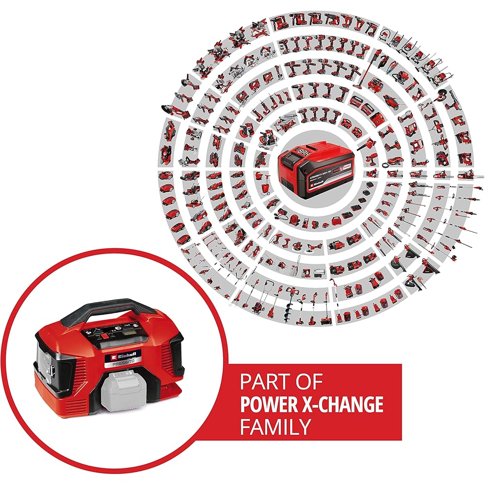 Einhell Compresseur sans fil PRESSITO 18/21 Power X-Change (18 V, arrêt automatique) Livré sans Batterie ni Chargeur, Noir/Rouge : Bricolage