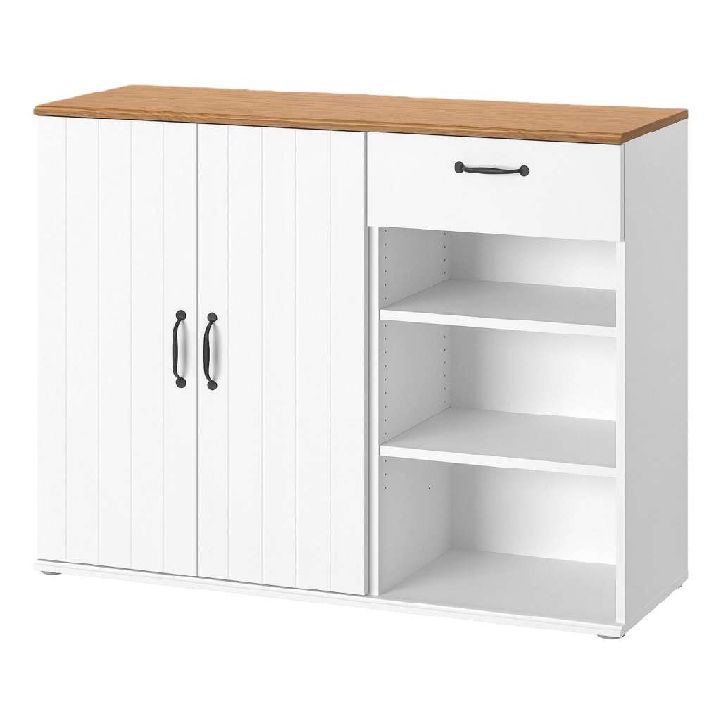 Buffet de rangement blanc et chêne, 1 tiroir, 2 portes et 3 étagères ouvertes — style nordique moderne