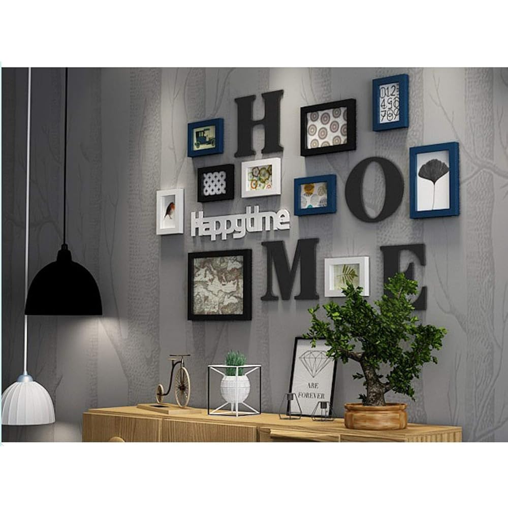 Ammon Lowen Photo Mur Cadre Photo Organiser Collage de Cadre Photo Ensemble de Bois Massif Salon Cadre Mural créatif Décoration Murale de Fond (Bleu) : Cuisine et Maison