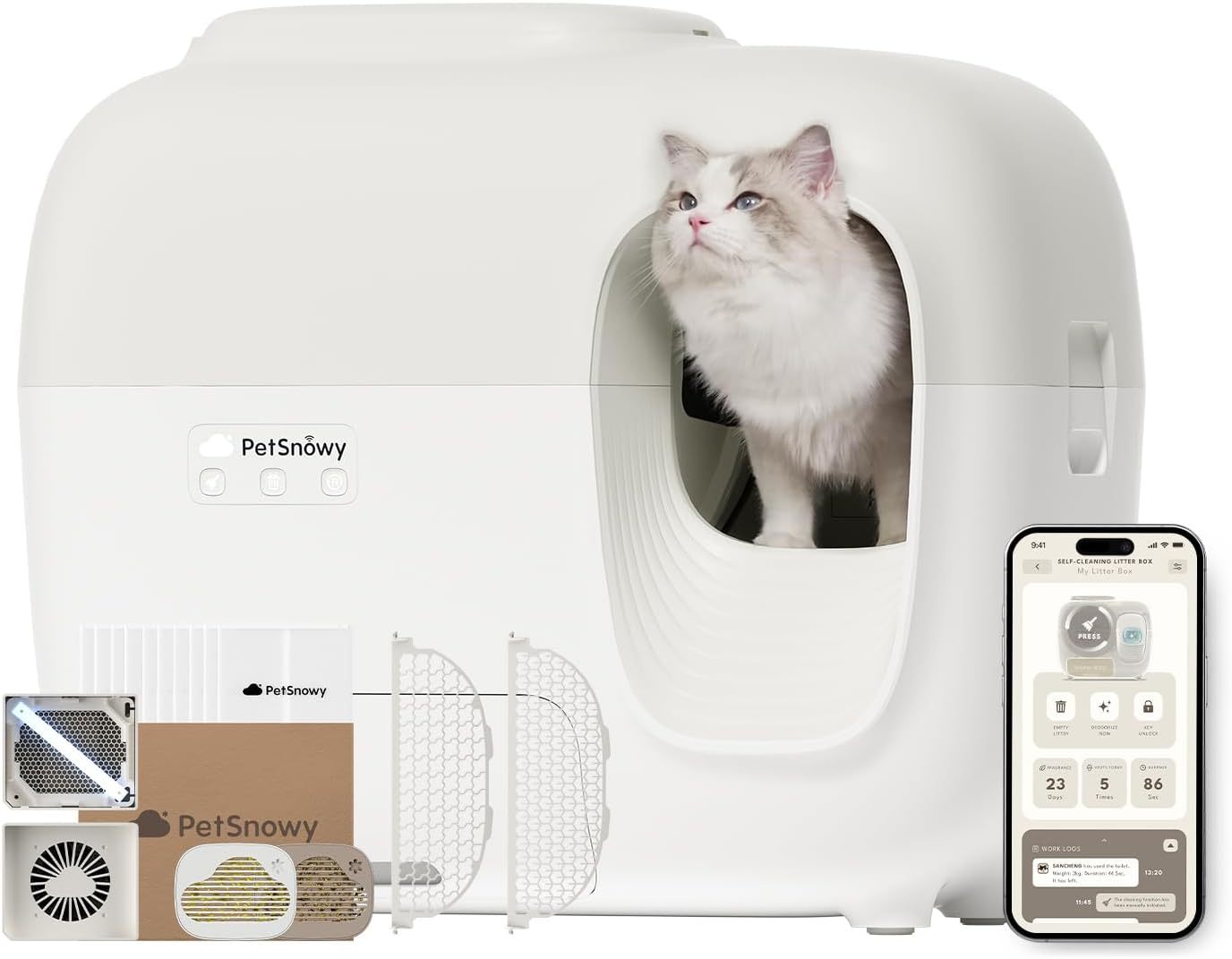 PetSnowy Katzenklo Selbstreinigend Katzentoilette mit TiO2-Geruchskontrollsystem, App-Steuerung, Auto-Packing für große Katzen & Mehrkatzenhaushalte 1,5-9 kg, Max Kapazität von 83L (2025 Premium)