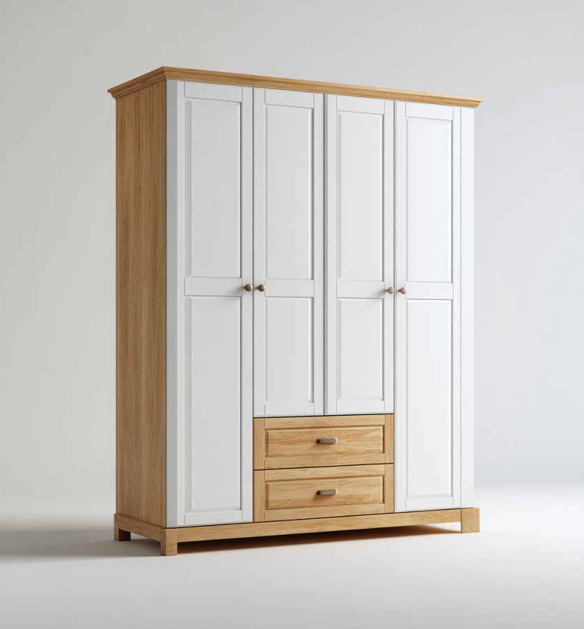 Armoire blanche en bois de pin avec quatre portes et deux tiroirs