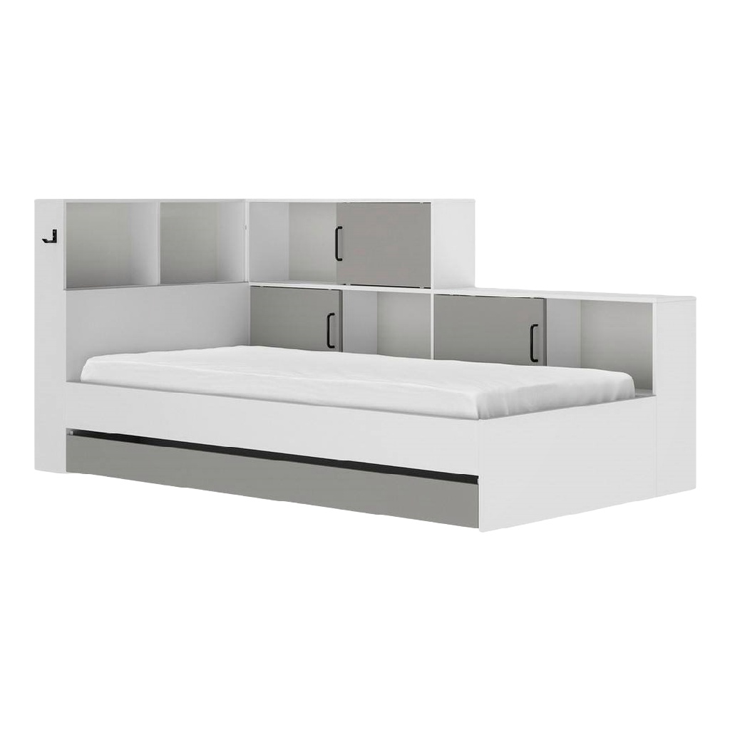 Lit simple multifonction avec rangements et étagères — Finition blanche et grise
