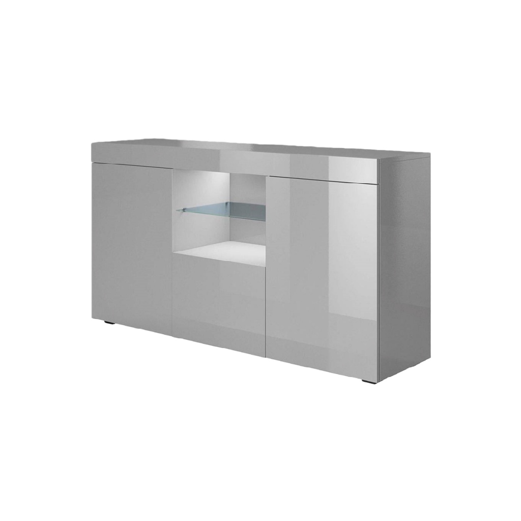Buffet gris clair laqué avec LED — 3 portes et niche vitrée — design moderne et élégant