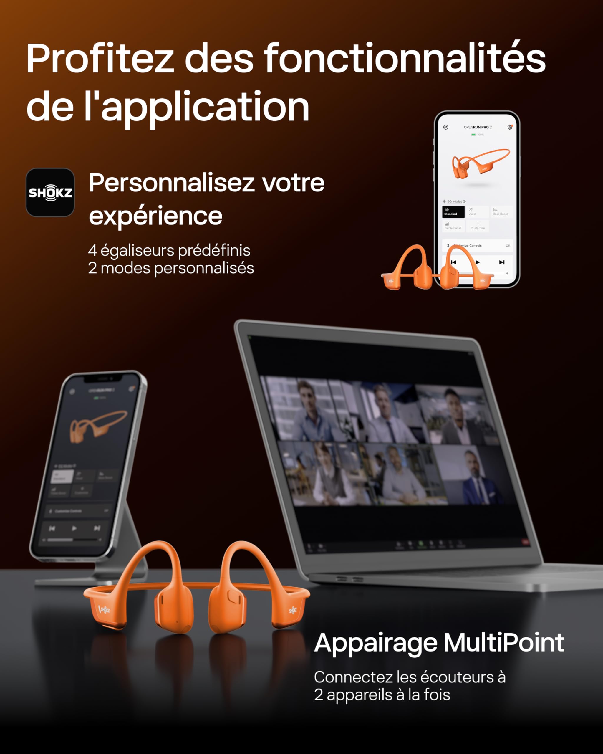 SHOKZ Casque à Conduction Osseuse OpenRun Pro 2 Mini, Écouteurs sans Fil Bluetooth 5.3, Microphones Réducteurs de Bruit, Étanchéité IP55, 12h d’Autonomie, Charge Rapide USB-C, Orange