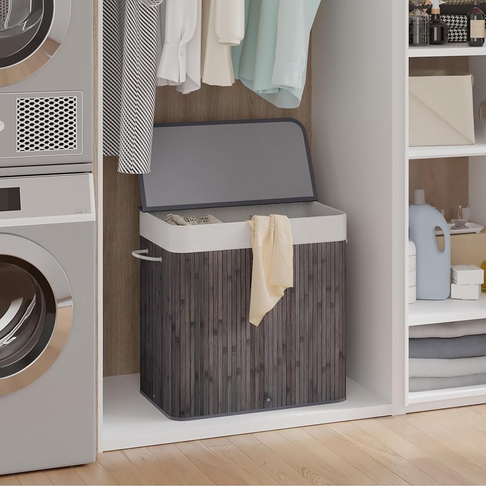 Mondeer Panier à Linge 150L avec Couvercle, 3 Compartiments，Corbeille en Bambou Naturel Boîte de Rangement à Linge Pliable avec Couvercle Amovible pour Buanderie, Chambre, 61.5 x 40 x 60 cm, Gris : Cuisine et Maison