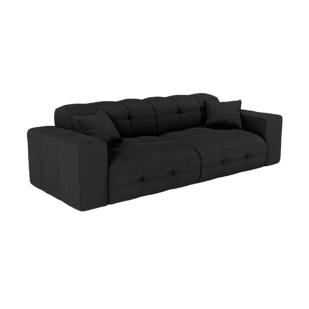 Canapé 3 places en tissu bouclette noir – assise capitonnée et design contemporain