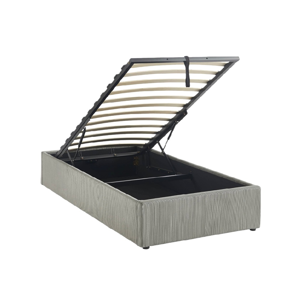 Lit coffre simple en tissu gris — Compact et fonctionnel — Rangement intégré