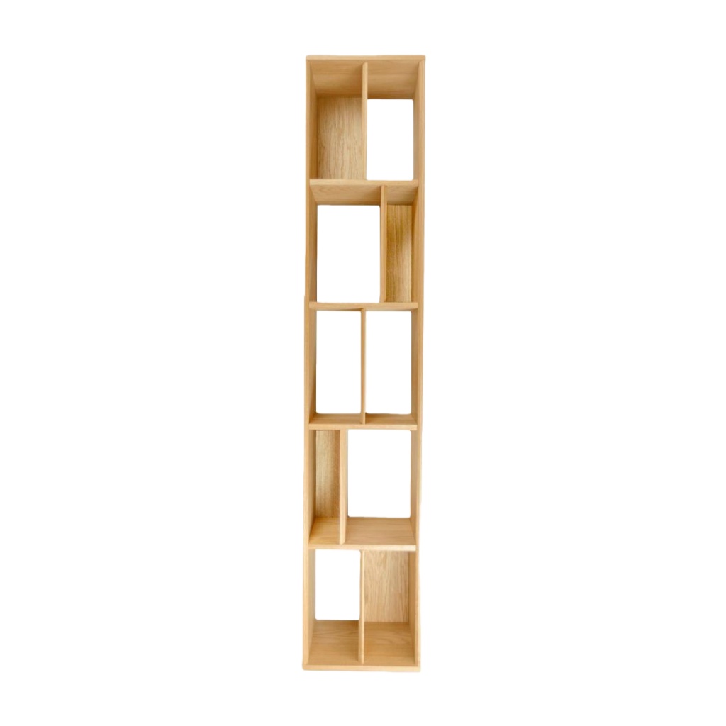 Bibliothèque colonne étroite en bois naturel – étagère asymétrique design moderne – meuble de rangement vertical