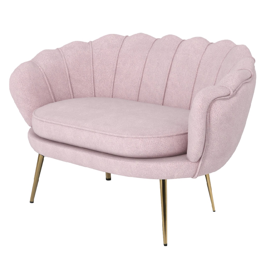 Canapé 2 places coquillage en tissu rose poudré – pieds dorés – style glamour et féminin