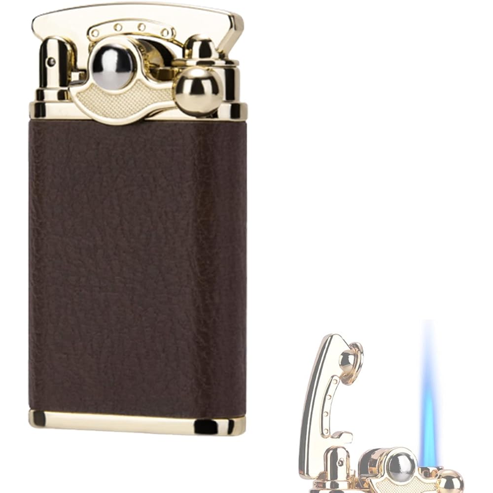 Briquet Torche Bleu Flamme Allume Cigare Coupe Vent Butane Rechargeable Réglable Forte Flamme Briquet Corps en Cuir Allumeur (sans Gaz),Brown : Cuisine et Maison