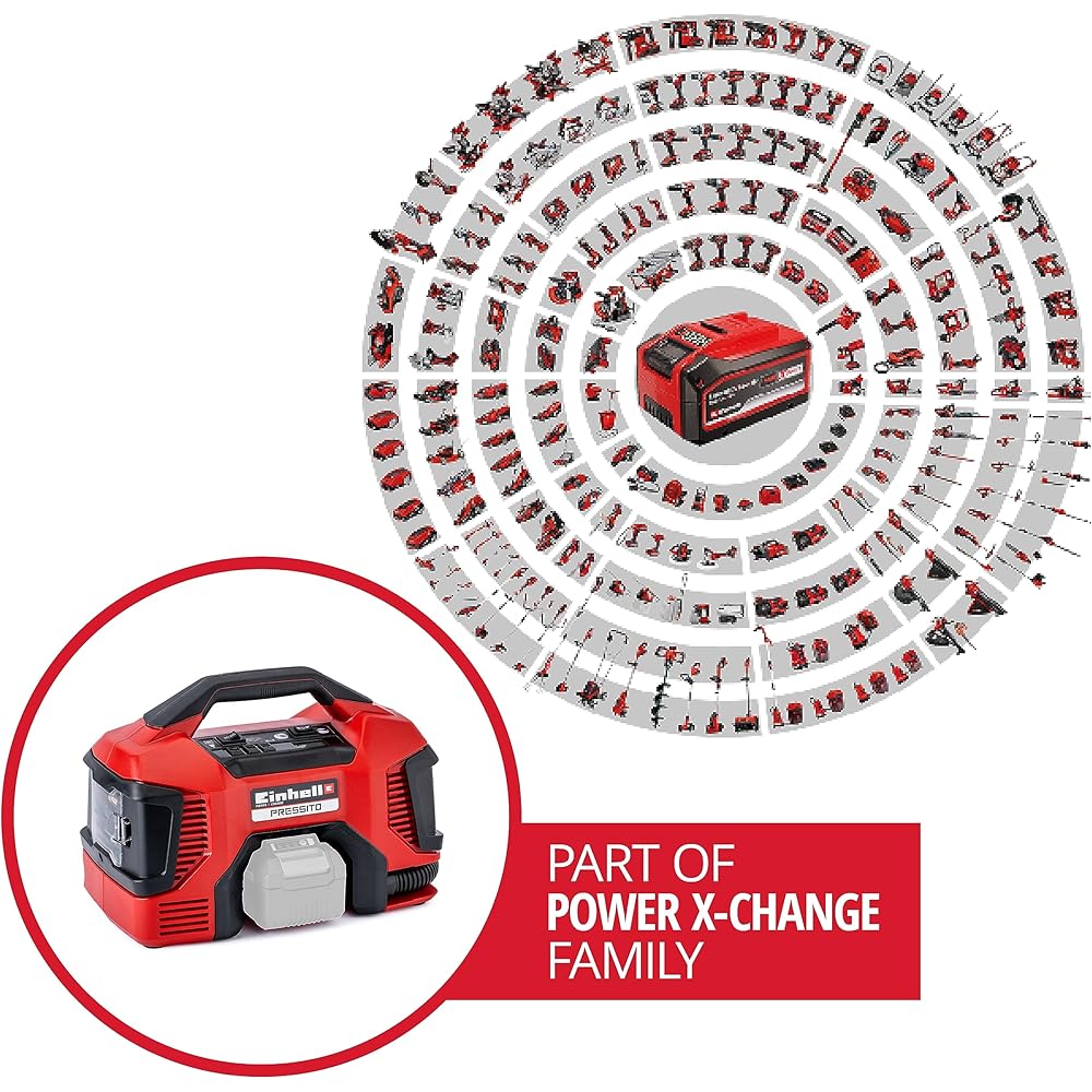 Einhell Compresseur hybride PRESSITO - Solo Power X-Change (18V, 90 W, Longueur tuyau haute pression : 710 mm, Câbles et tuyaux intégrés) Livré sans Batterie ni Chargeur : Bricolage