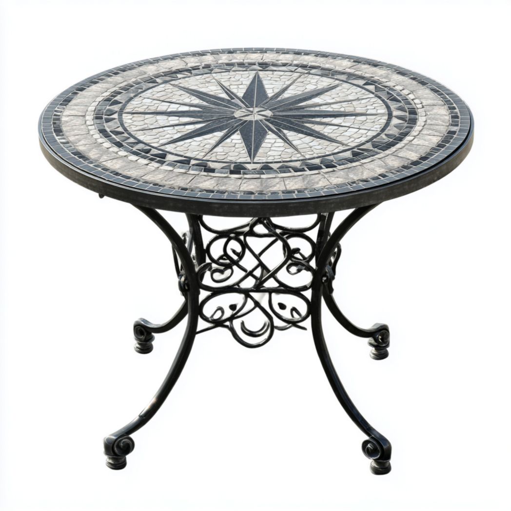 Table ronde de jardin en mosaïque avec piètement en fer forgé
