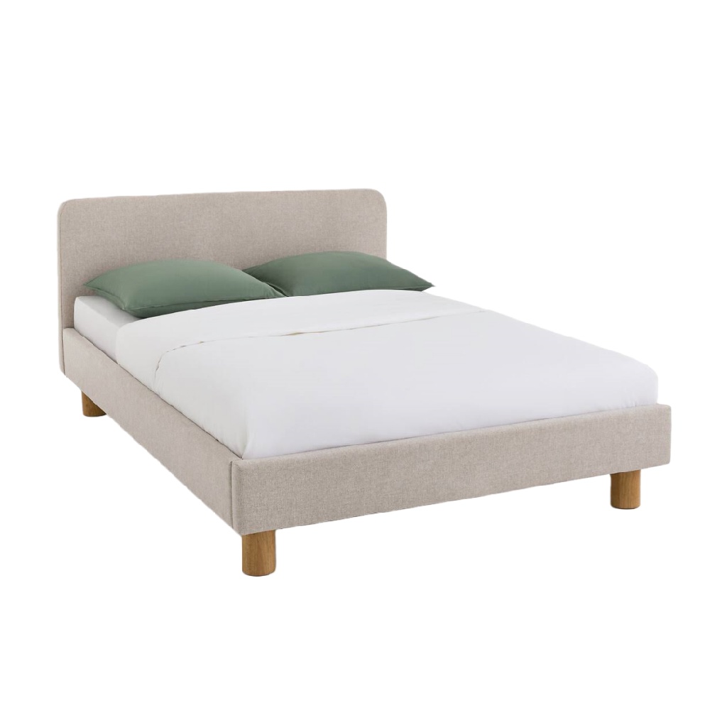 Lit double en tissu beige avec pieds en bois — Design minimaliste scandinave