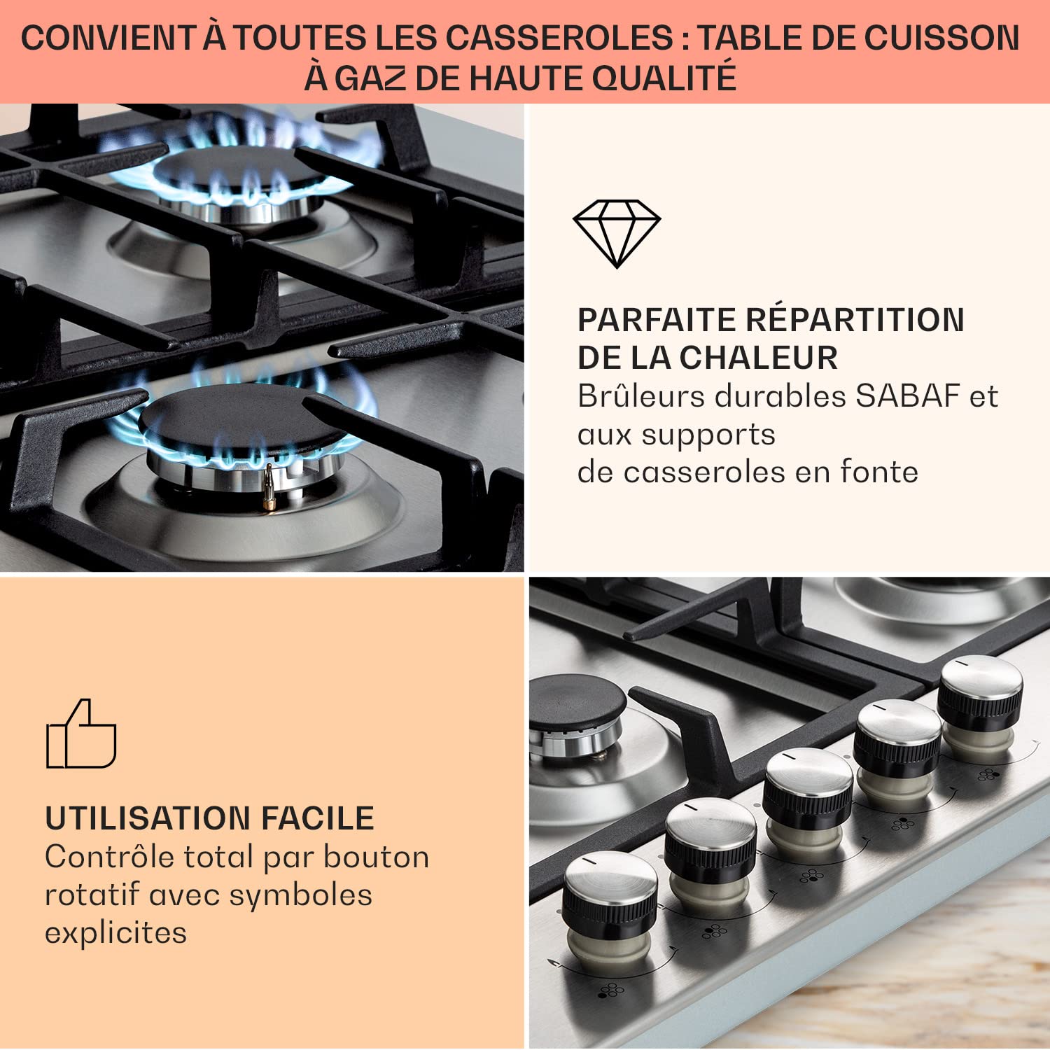 Klarstein Tables de Cuisson à Gaz, Plaque de Cuisson , Encastrable à 5 Feux de 11100W, Cuisiniere Gaz, Gaziniere avec Brûleurs en Acier Inoxydable, Cu