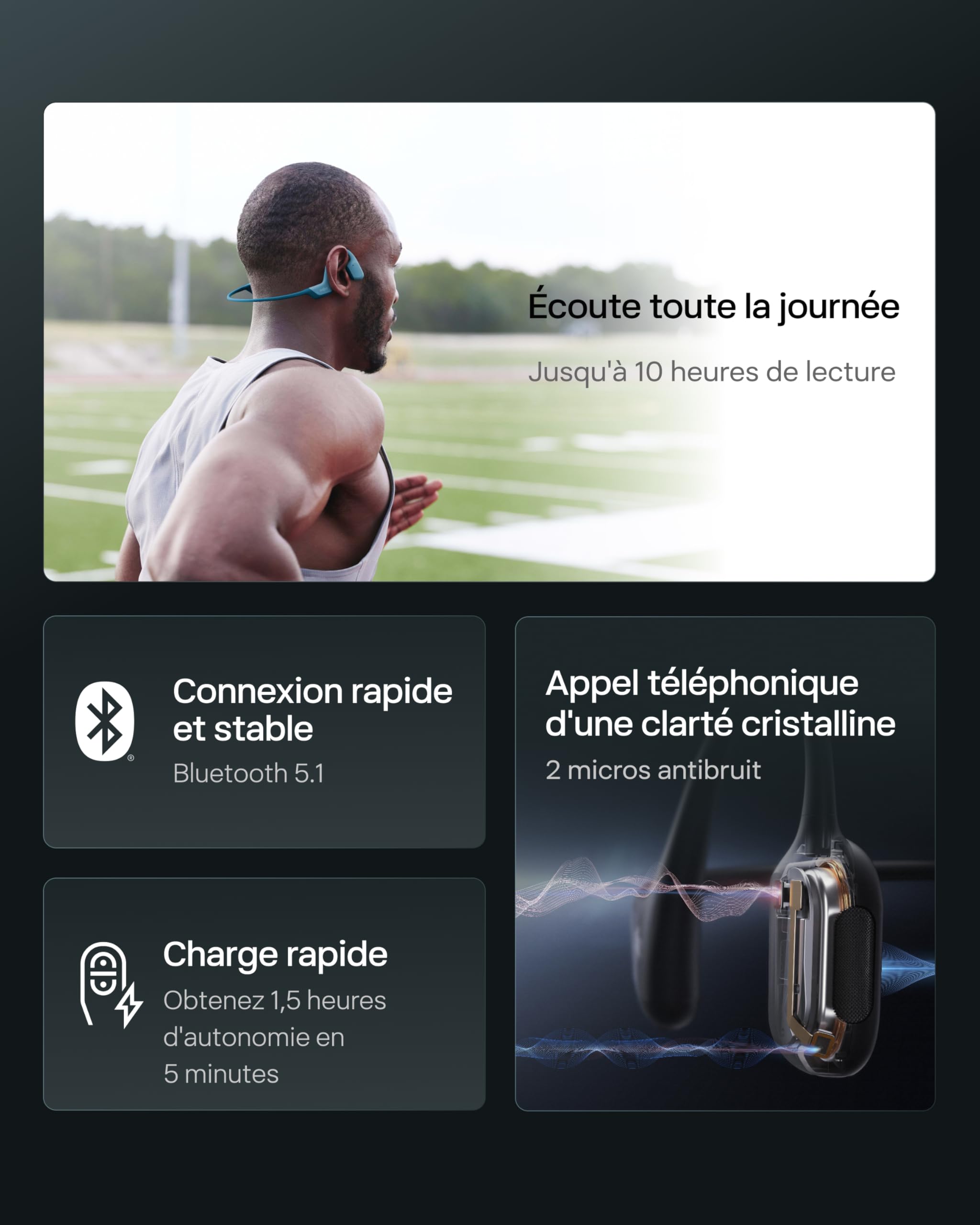 SHOKZ OpenRun Pro Casque à Conduction osseuse, écouteurs Bluetooth oreillles Libres pour Le Sport avec Micro, Casque sans Fil étanche IP55, 10H d’autonomie, Bandeau de Sport, Bleu