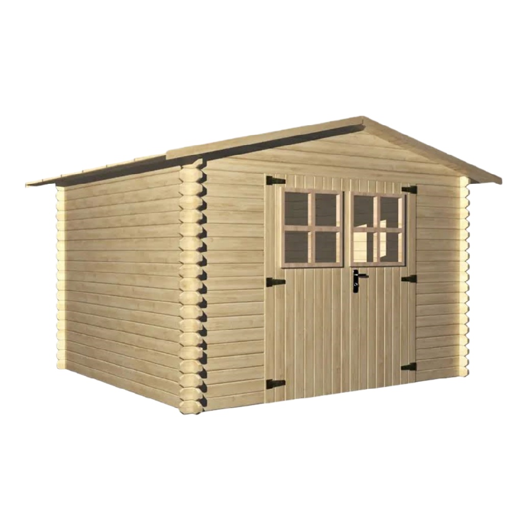 Abri de jardin en bois massif — 9 m² — double porte vitrée — toit double pente