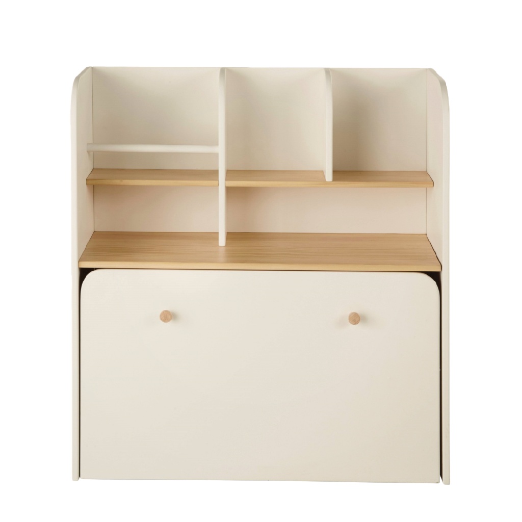 Bureau enfant pliable – bois clair et blanc crème – avec étagères intégrées