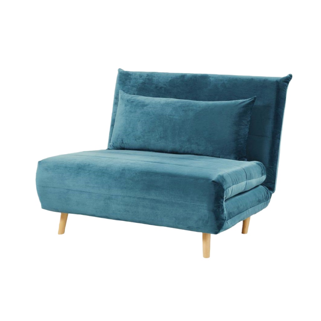 Fauteuil convertible 1 place en velours bleu canard – petit canapé-lit design scandinave, confort moelleux et pieds en bois clair