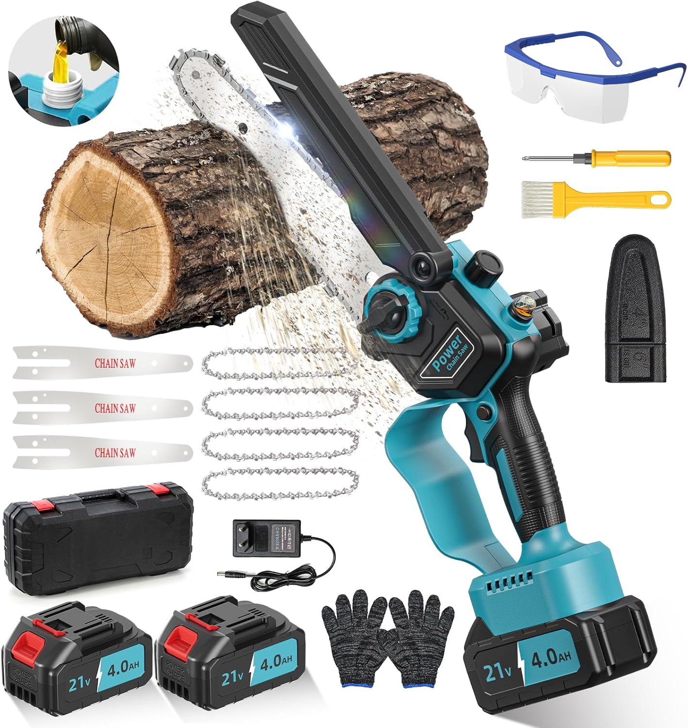 Mini Tronconneuse a Batterie 8000mAh, 6 Pouces 1000W Tronconneuse Electrique Sans Fil Brushless avec Graisseur Automatique, 4 Chanes, Elagueuse Batterie, Petite Trononneuse pour l'élagage le Jardin