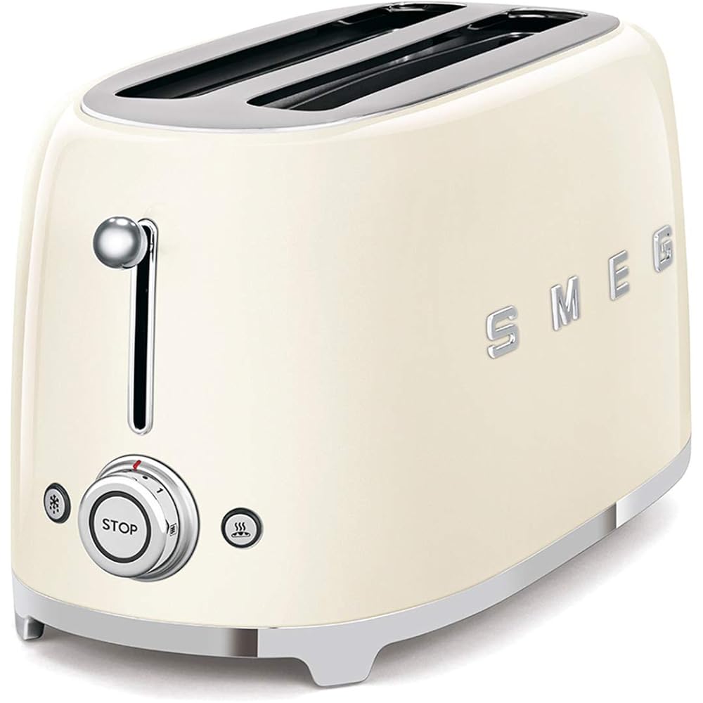 Smeg, Grille-pain 4 Tranches TSF02CREU, 2 Fentes 36 mm, 6 Niveaux de Brunissage, Fonction Chauffage, Décongélation et Bagel, Éjection Automatique du Pain, Ramasse Miettes, 1500 W, Crème : Cuisine et Maison