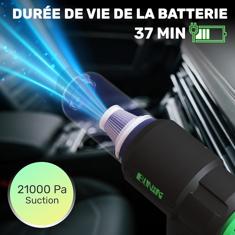 BUNIK Aspirateur Puissant 21000Pa pour Voiture - Aspirateur sans Fil avec autonomie 37 Min, Compact et performant, Accessoires Inclus pour Voiture et Maison : Cuisine et Maison