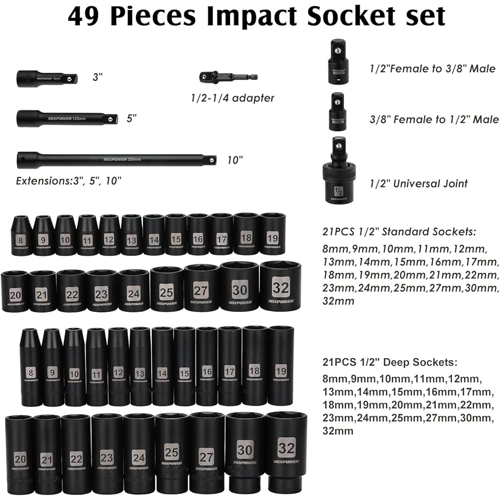 MIXPOWER Lot de 49 douilles à choc 1/2