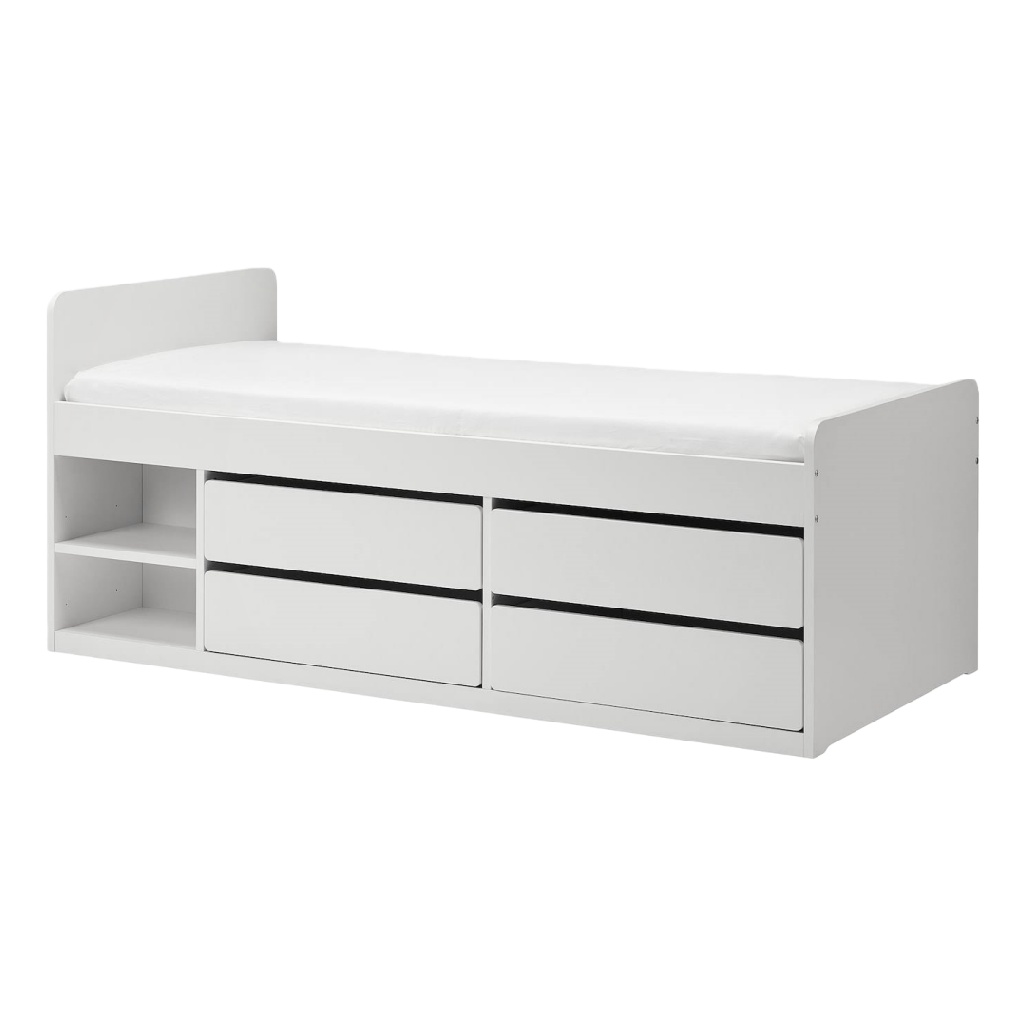 Lit simple avec tiroirs de rangement intégrés — Finition blanche moderne