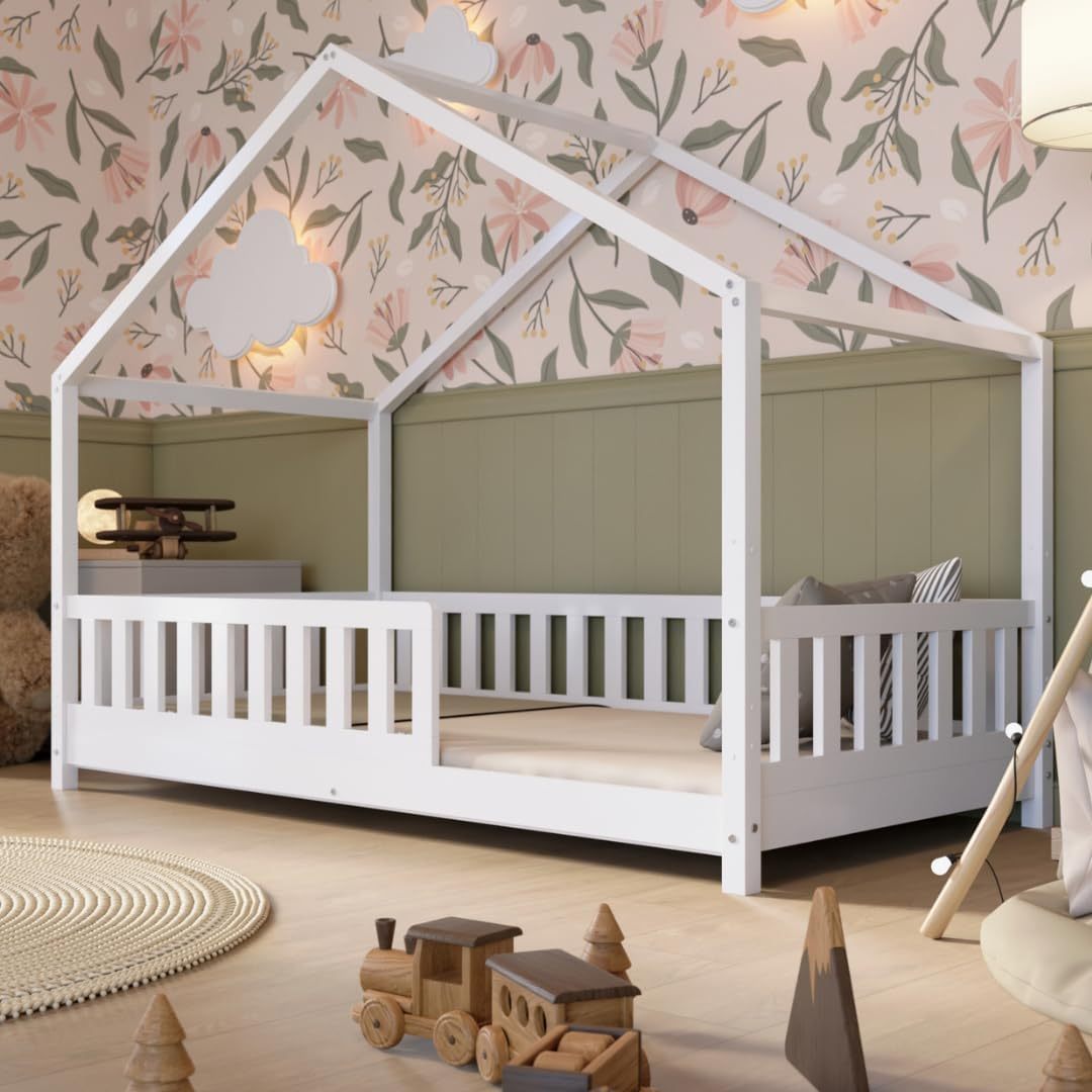 Crazy Pine Hausbett mit Schubladen 200x90 cm – Kinderbett aus Naturholz mit Rausfallschutz – Montessori Bodenbett mit zusätzlichen Stauraum und und Abnehmbarer Barriere - Crazy House