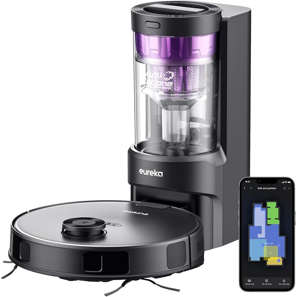 Eureka E10s Robot Aspirateur Laveur avec Station Écologique sans Sac Vidage Automatique de Poussière, 4000 Pa, Autonomie 180 Minutes, Navigation LiDAR, Évitement d'Obstacles, pour Poils d'Animaux : Cuisine et Maison