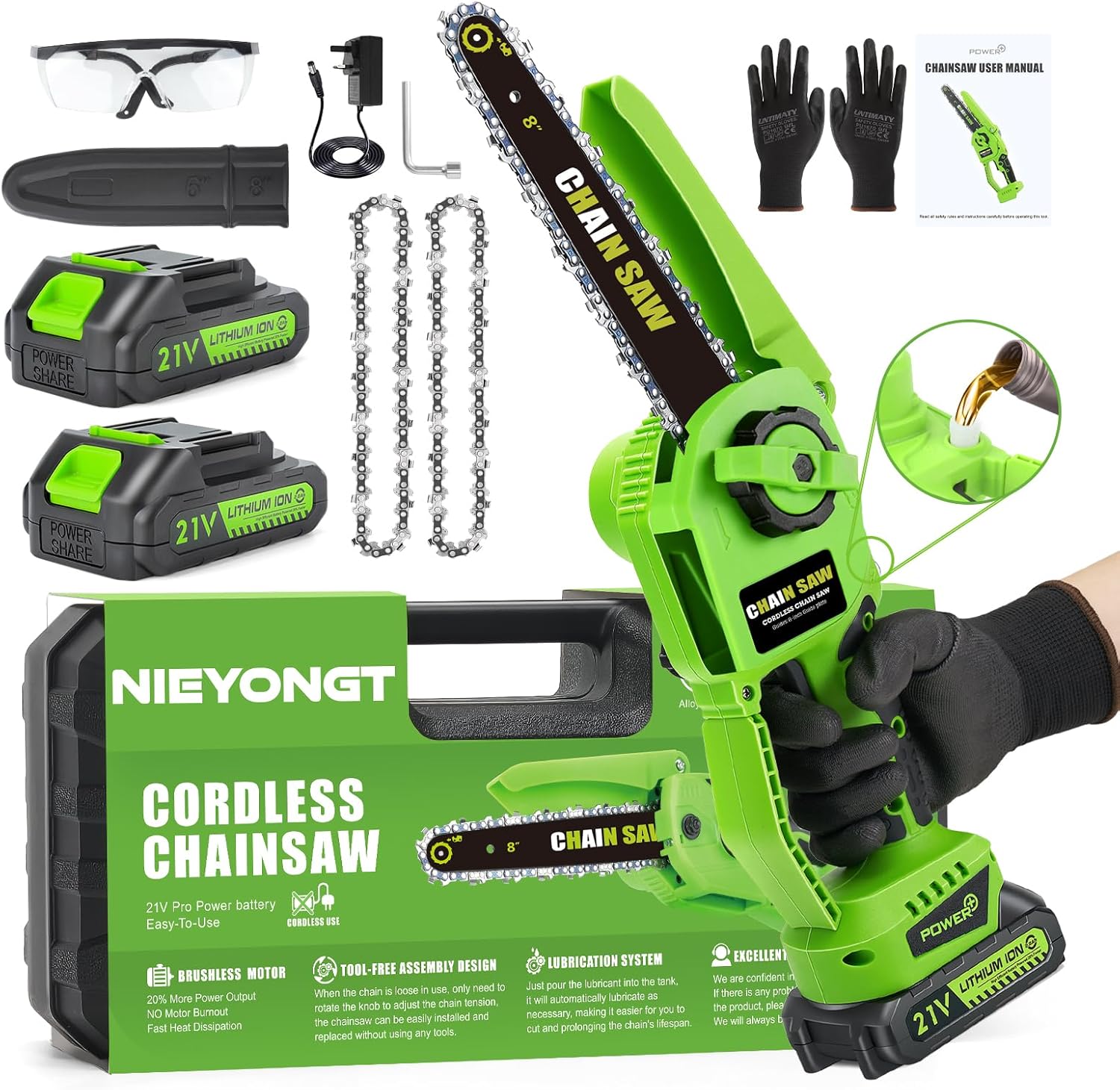 8 Pouces Mini Trononneuse lectrique Sans Fil avec Moteur Brushless, Incluant 2 Batteries de et 2 Chanes, Vitesse de Chane, pour Couper le Bois et laguer dans le Jardin