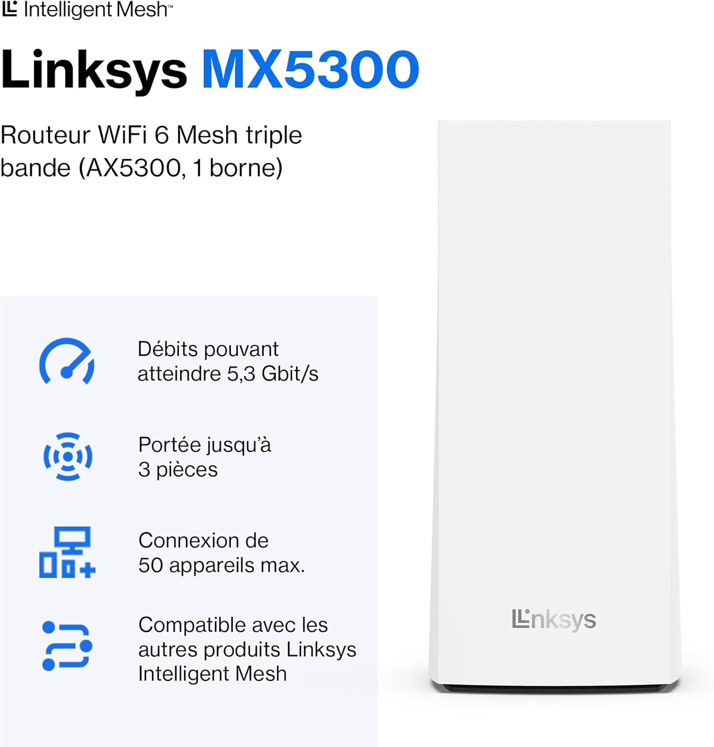 Linksys Système WiFi 6 Mesh triple bande Velop MX5300 (AX5300)