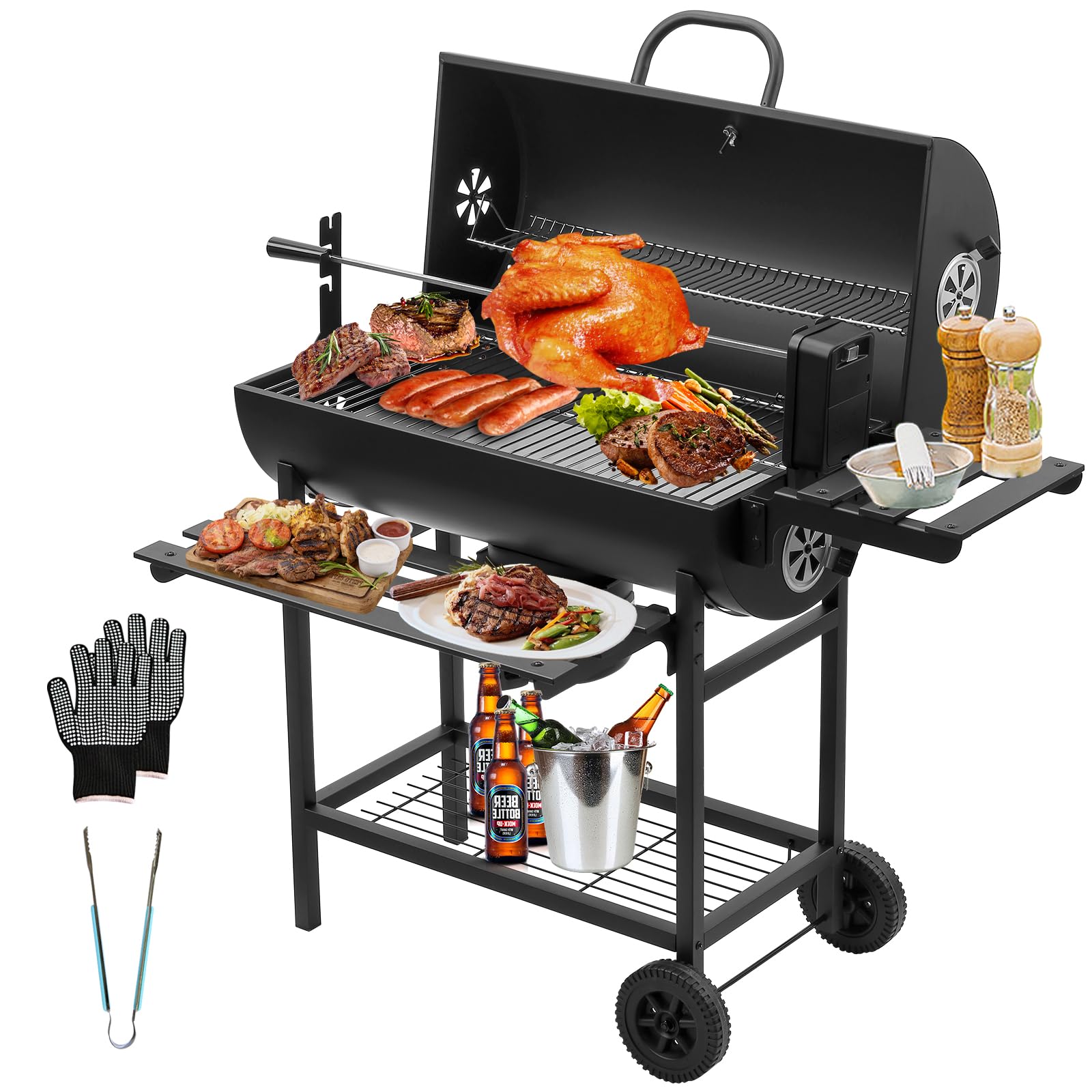 TEENO Chariot à Barbecue de Bois,Grill XXL à Charbon avec Couvercle, Thermomètre,Tiroir à Cendres,Gants anti-brûlures, Évent Réglable,Grand Barbecue au Charbon de Bois (Upgraded (with chicken grill))