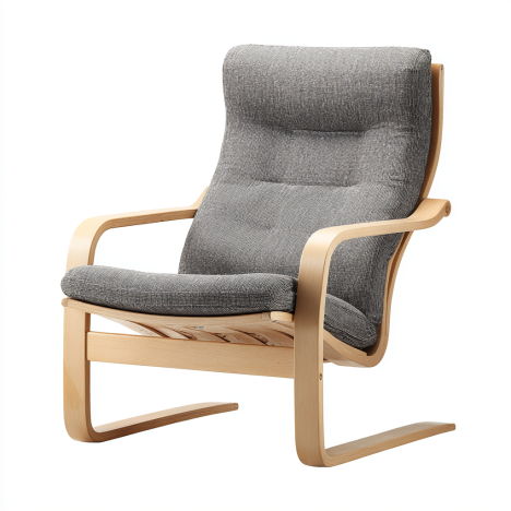 Fauteuil gris avec structure en bois clair et coussin rembourré