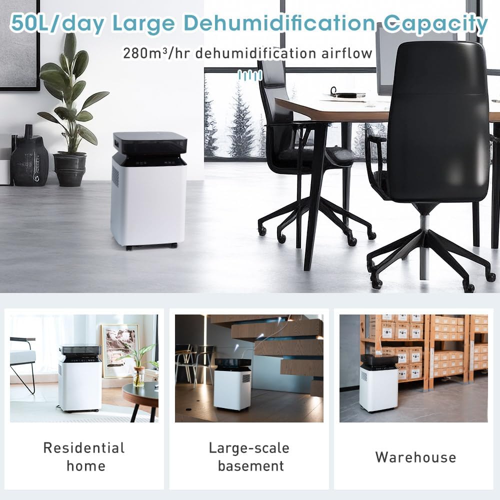 iOCHOW Déshumidificateur Électrique à Compresseur 50L/Jour: Grand Déshumidificateur Portable Intelligent avec Minuterie 24 Heures, Drainage par Pompe à Eau, R290 Écologique Pour la Maison et le Bureau