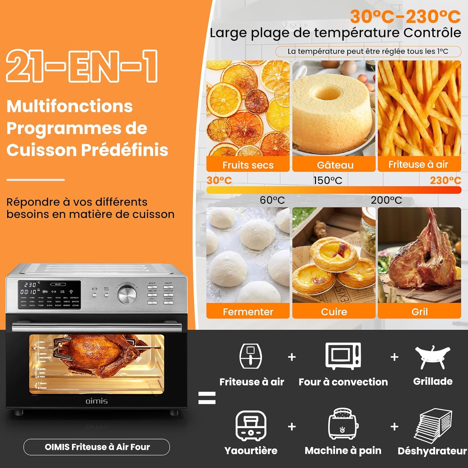 Oimis Friteuse à Air Four 30L, Friteuse Sans Huile 1800W, Friteuse à Air Chaud avec 21 Programmes Prédéfinis, Cook Rôtissoire Déshydrateur, 7 Accessoires, Livre de Recettes, Four à Air Chaud,Argent
