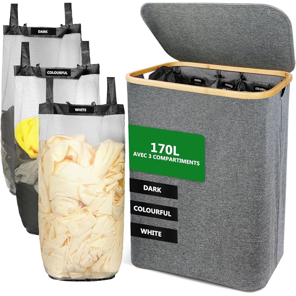 SOUTHGATE 170L Panier à Linge 3 compartiments Avec Couvercle, Panier Linge Pliable Avec Trois Sacs à Linge Amovibles, Convient Pour La Chambre à Coucher, Salon, Buanderie, Gris : Cuisine et Maison