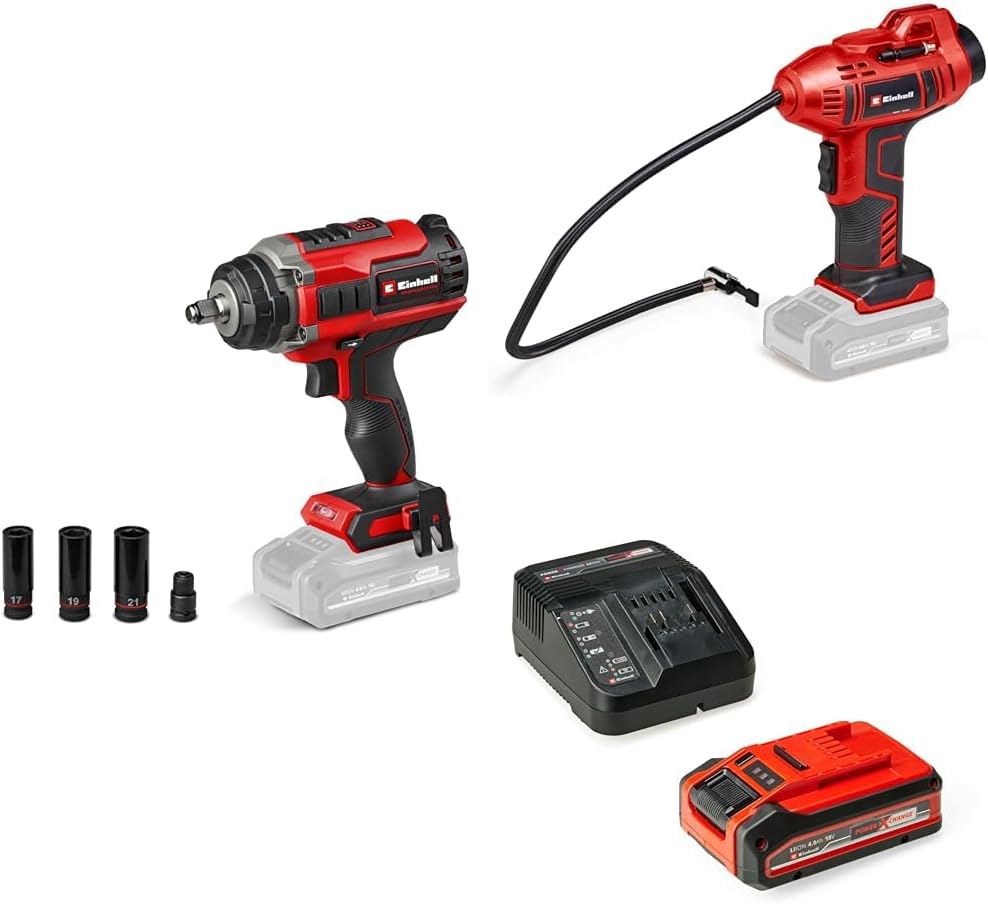 Einhell Pack 2 machines sans fil - Spécial Automobile - Power X-Change (Boulonneuse IMPAXXO 18/450, Gonfleur CE-CC 18) + Chargeur et Batterie 4,0Ah PL