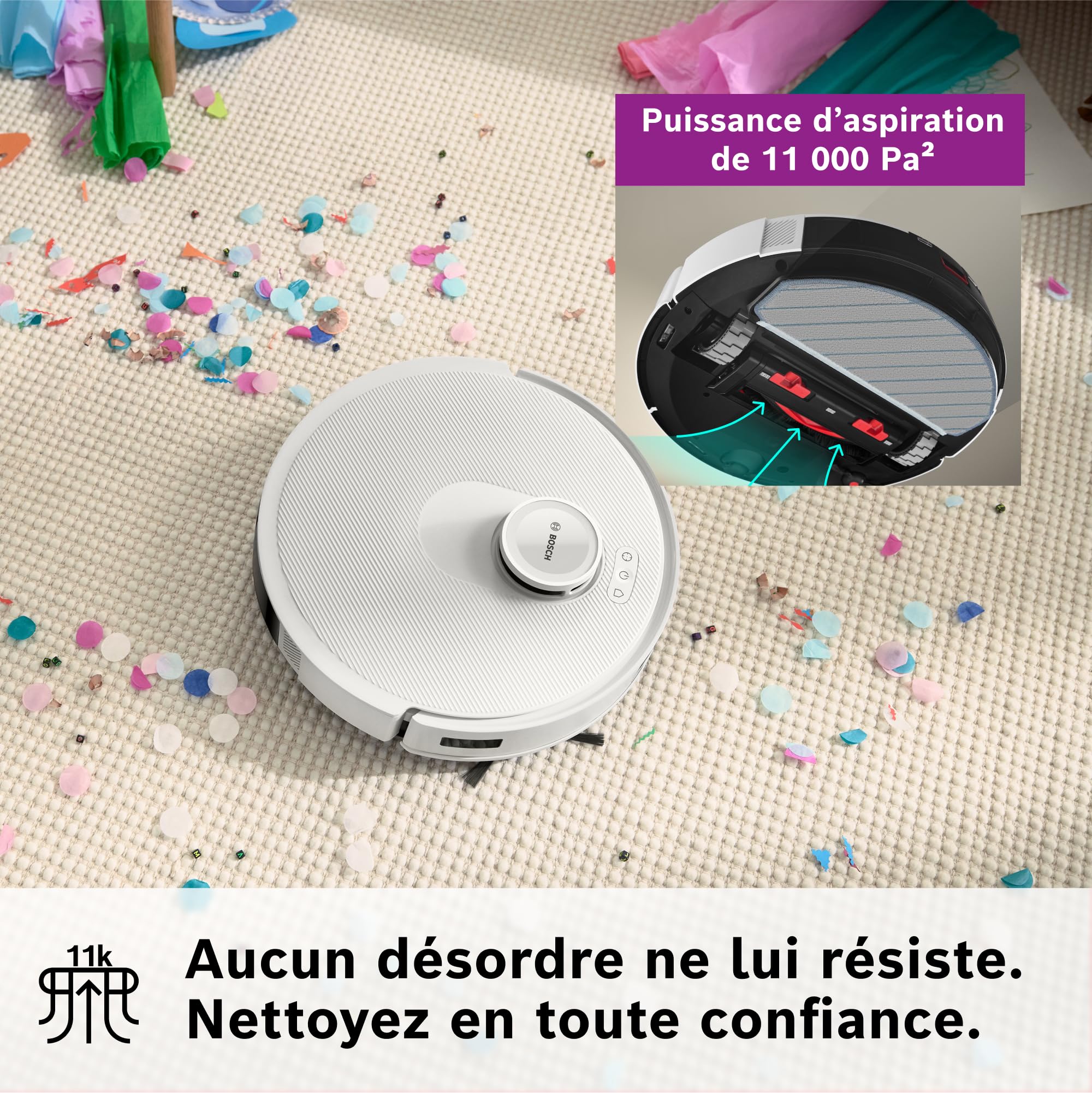 Bosch Spotless + BCRD1W Robot aspirateur-Laveur, 11 000 Pa, serpillère Statique, Station de Service, Navigation Smart Vision Infrarouge, Application H