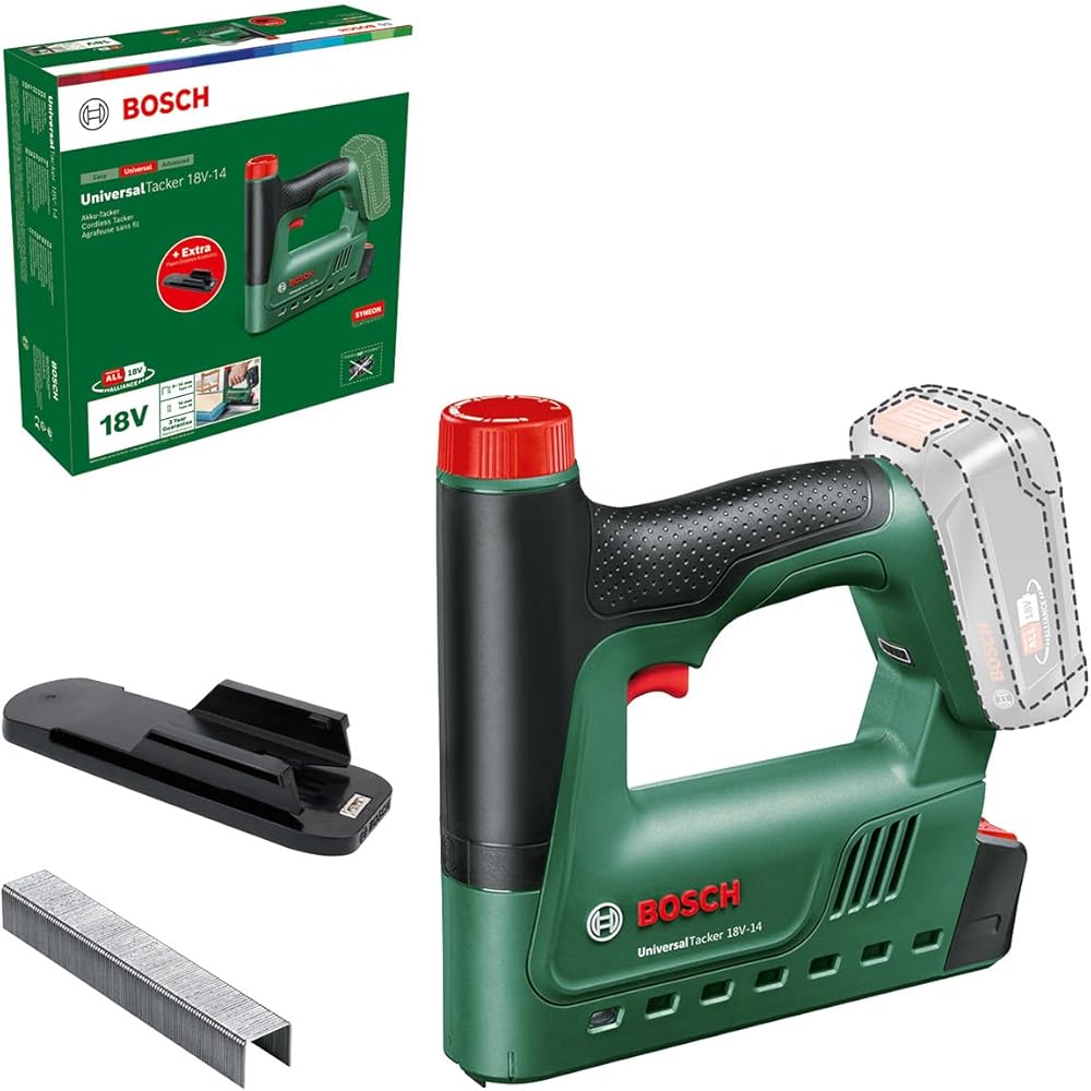 Bosch agrafeuse sans fil UniversalTacker 18V-14 (pour bois durs et tendres ; pour agrafes et clous ; déclenchement par contact ; système 18V ; accessoire de distance ; 1000 agrafes ; sans batterie) : Bricolage