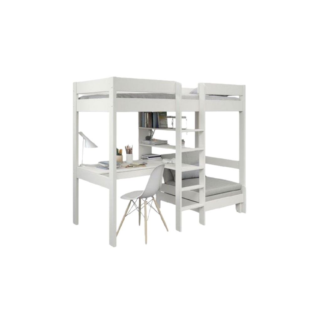 Lit mezzanine avec bureau et espace détente — Blanc moderne — Solution complète pour chambre