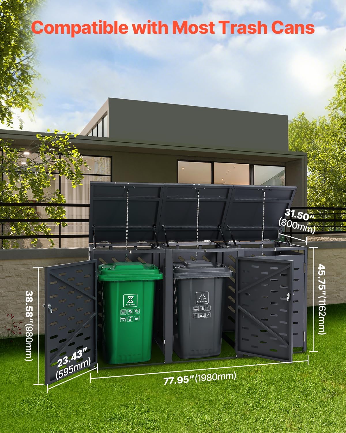 VEVOR Abri pour poubelles, 3 x 240 L, Rangement pour poubelles Horizontal, avec Couvercle à chaîne, boîte de Rangement à poubelles d'extérieur, étanche et verrouillable, pour Jardin, Cour et terrasse