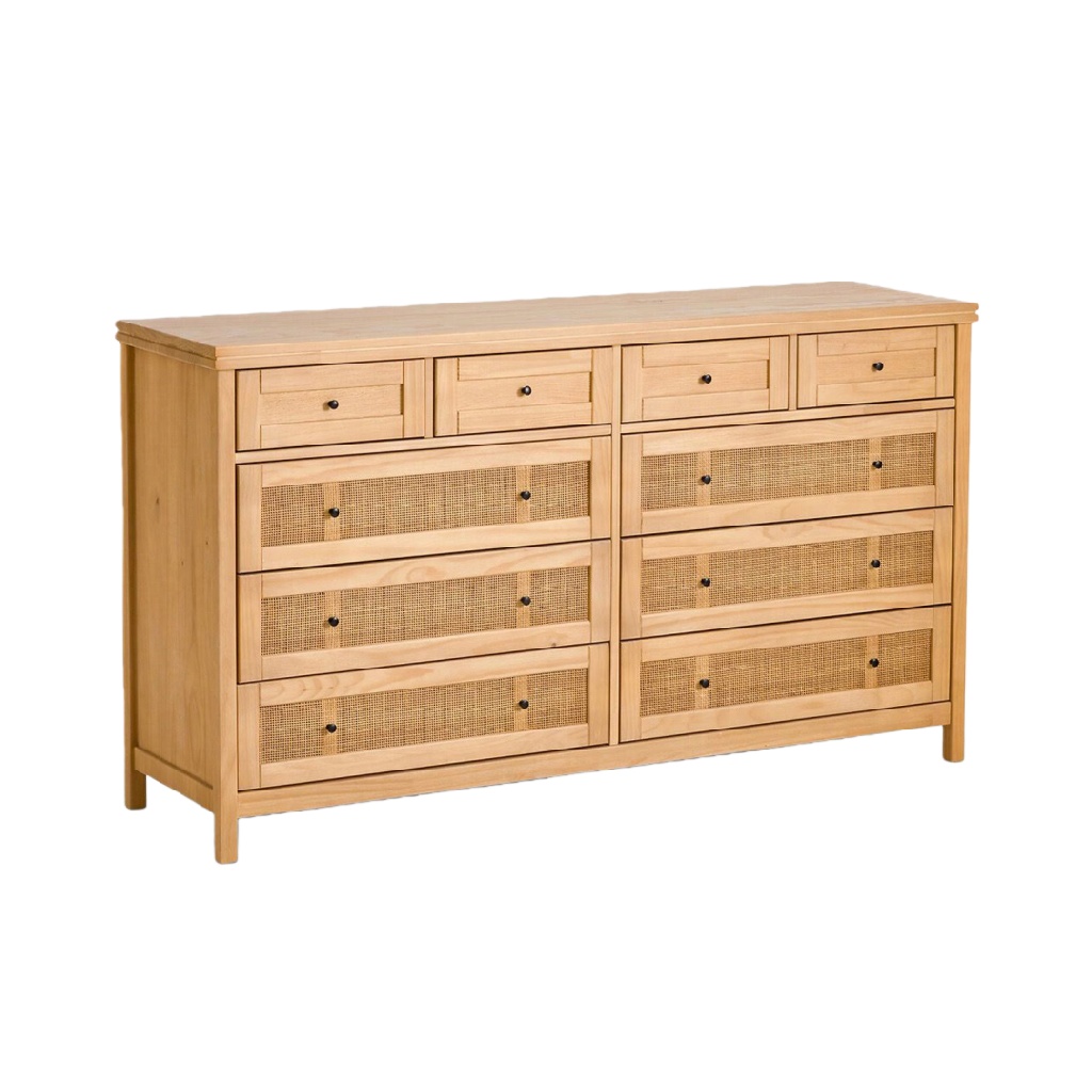 Commode 10 tiroirs en bois naturel et rotin – grande capacité, style campagne chic